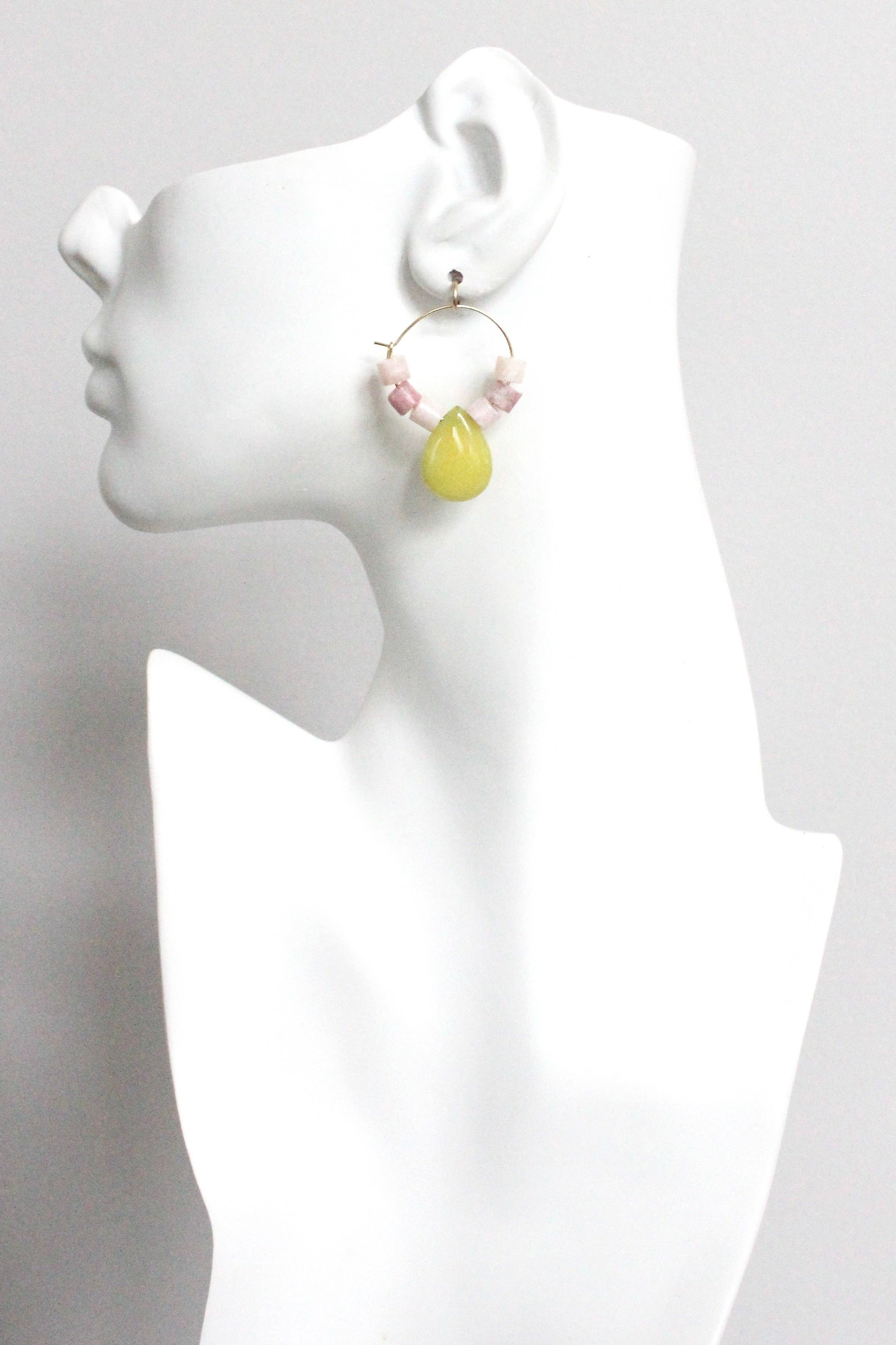 Rhodochrosite and jade hoop earrings