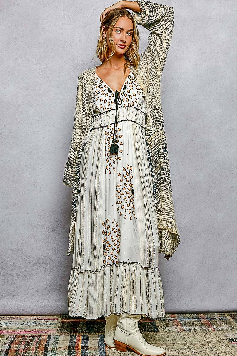 V-Neck Solid Stripe Linen Long Sleeve Cardigan