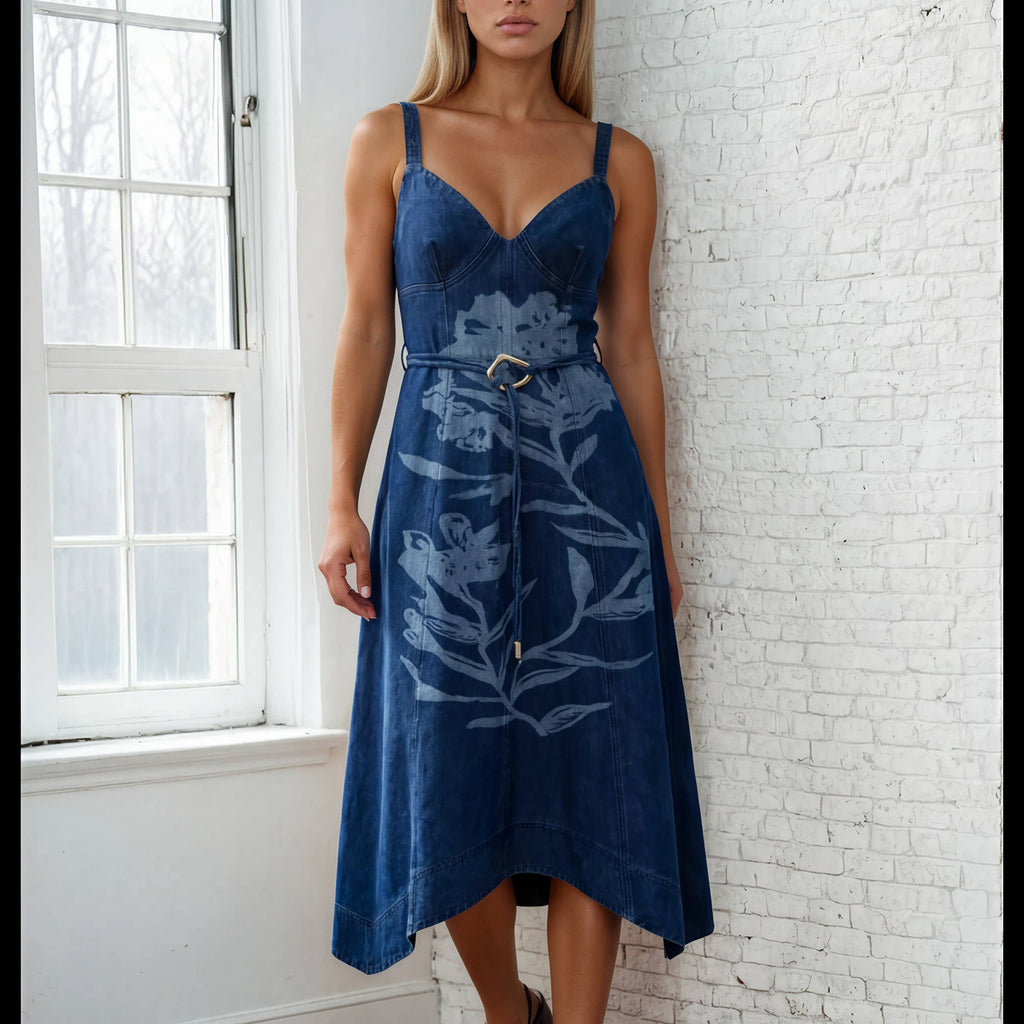 FLORAL JACQUARD BELT STRAP DETAIL MIDI DRESS