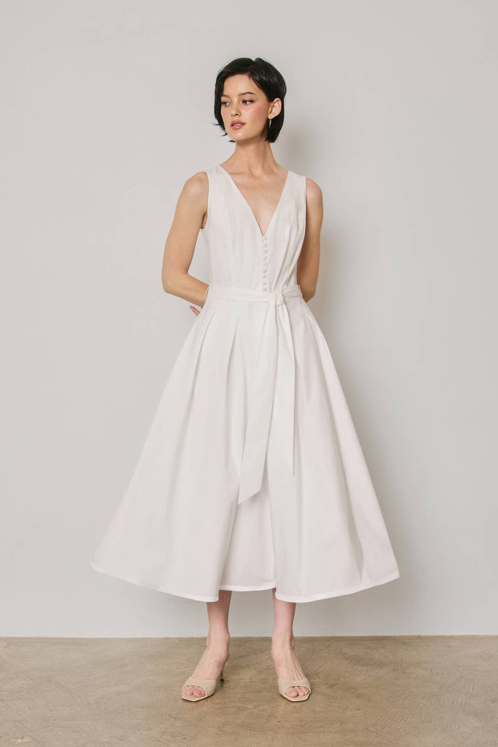 Cotton Poplin Tulle Structured Midi Dress