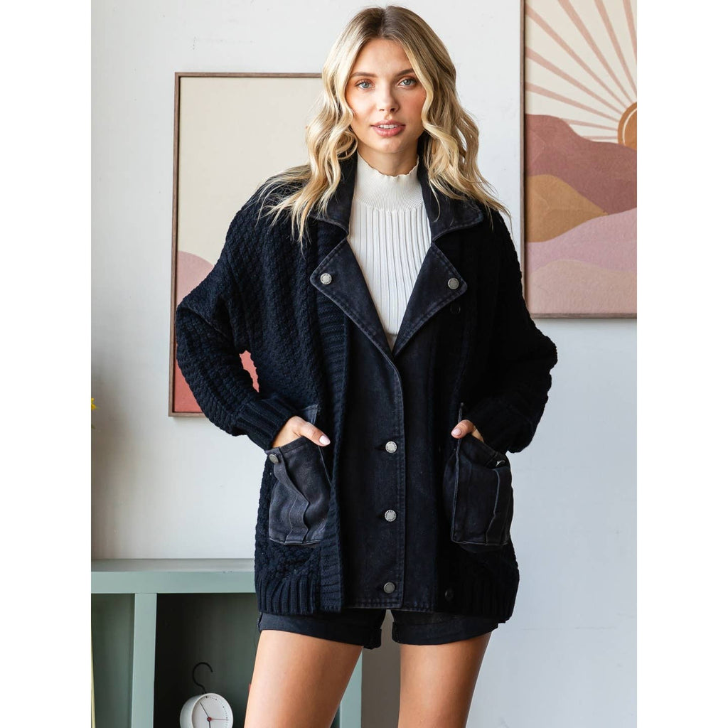 Knit Body Denim Layerd Jacket