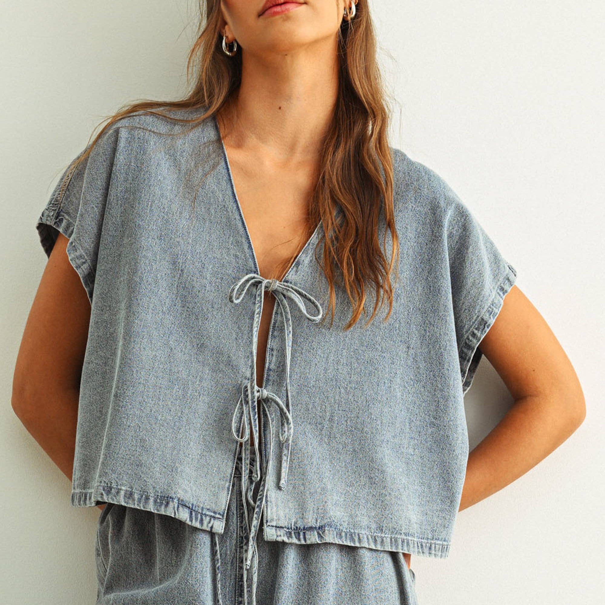 DENIM TIED FRONT BLOUSE