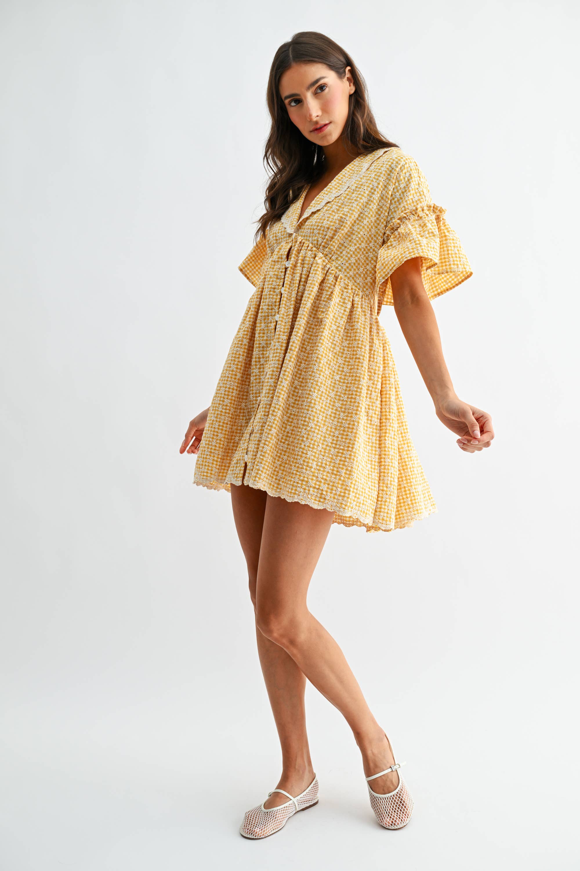 Sunny Days Gingham Lace-Trim Babydoll Dress