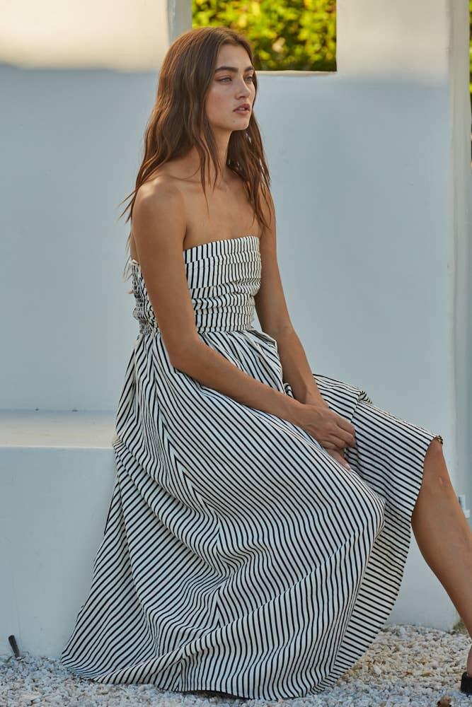 Striped Tube Neck Strapless Flare Maxi Dress