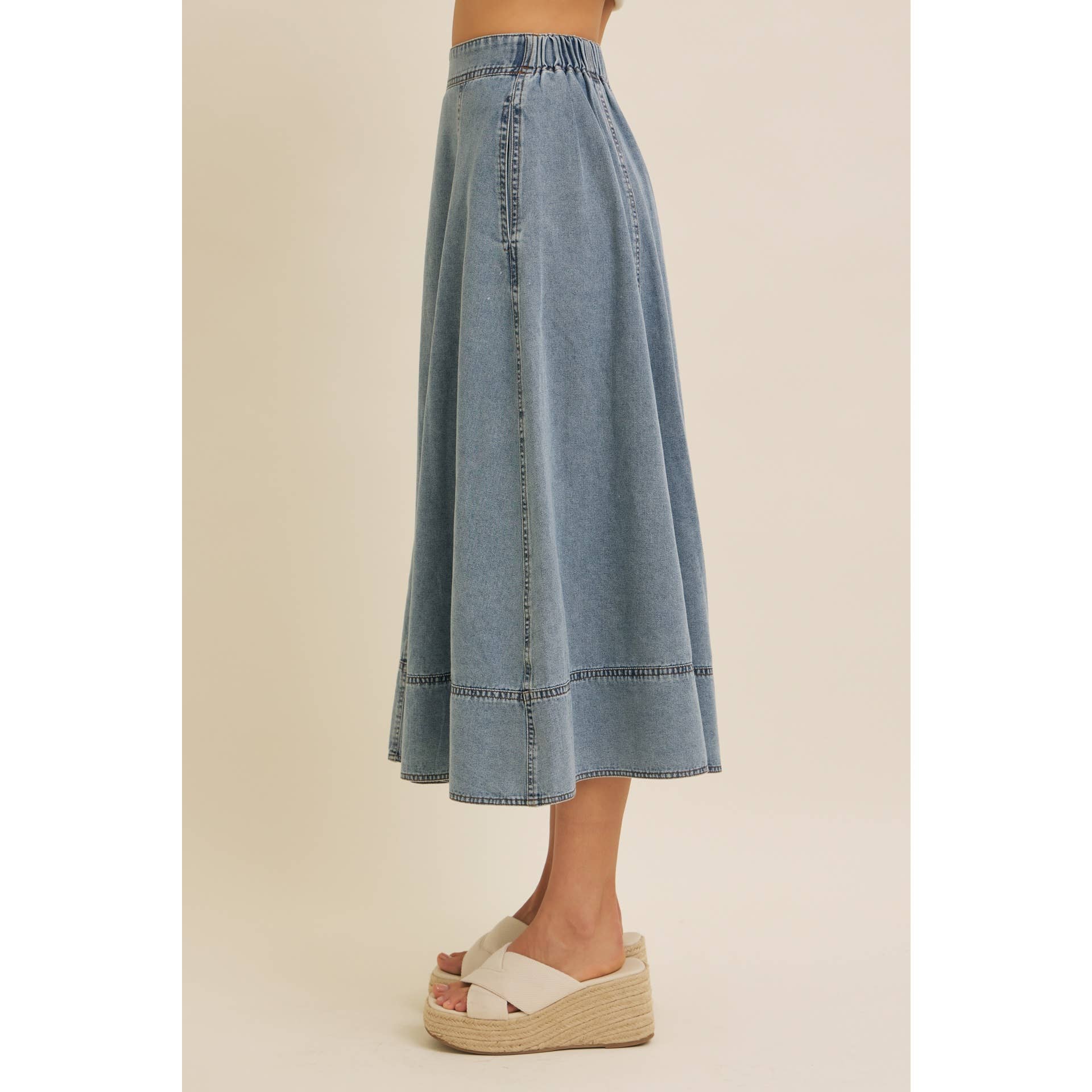 FLARE DENIM MIDI SKIRT WITH POCKETS