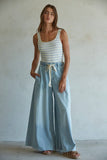 Denim Drawstring Waist Band Wide Leg Pants