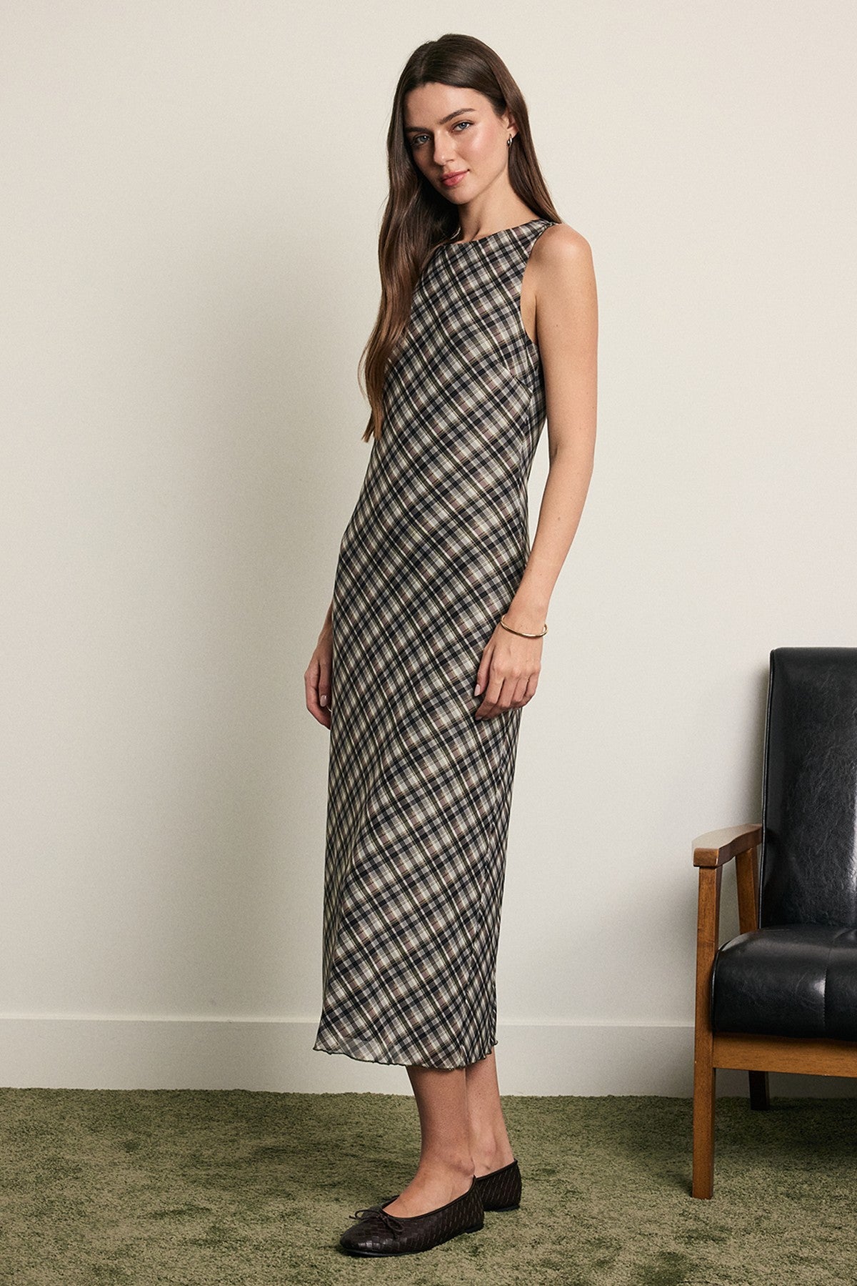 Kayda Plaid Mesh Midi Dress