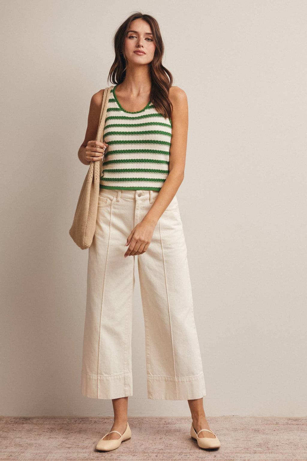 Green Striped Crochet Knit Tank