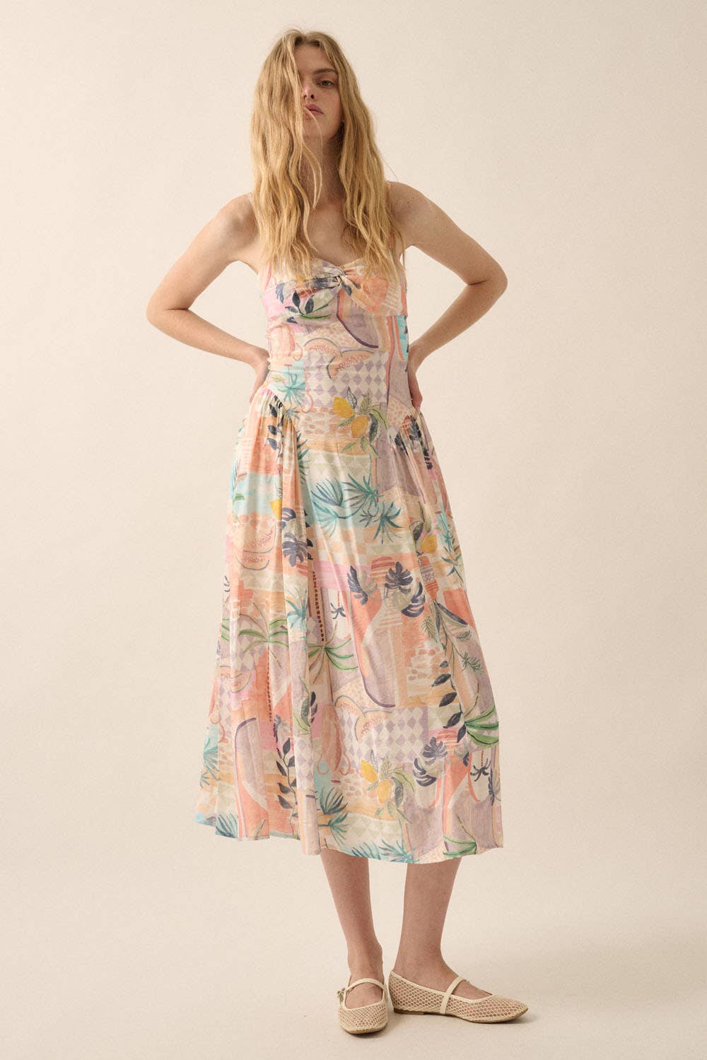 Tropical Motif-Print Twist-Front Cami Midi Dress