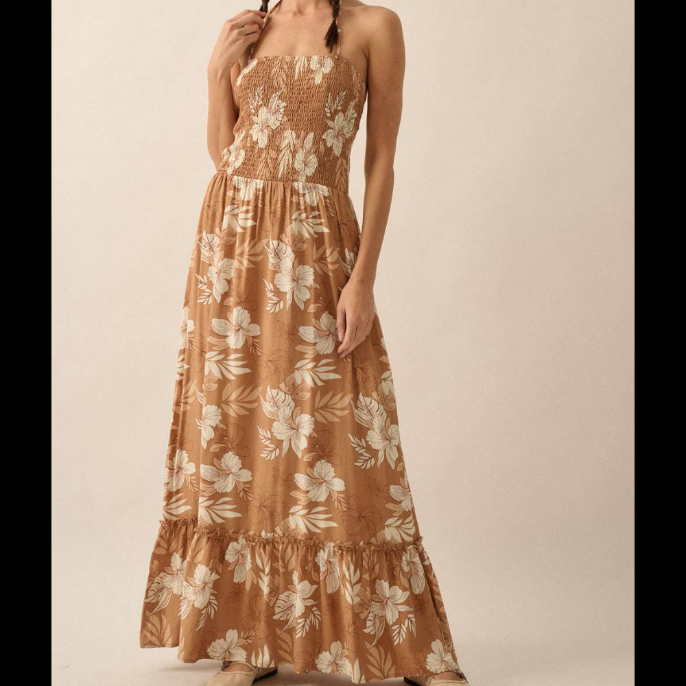 Floral Smocked-Bodice Maxi Halter Dress