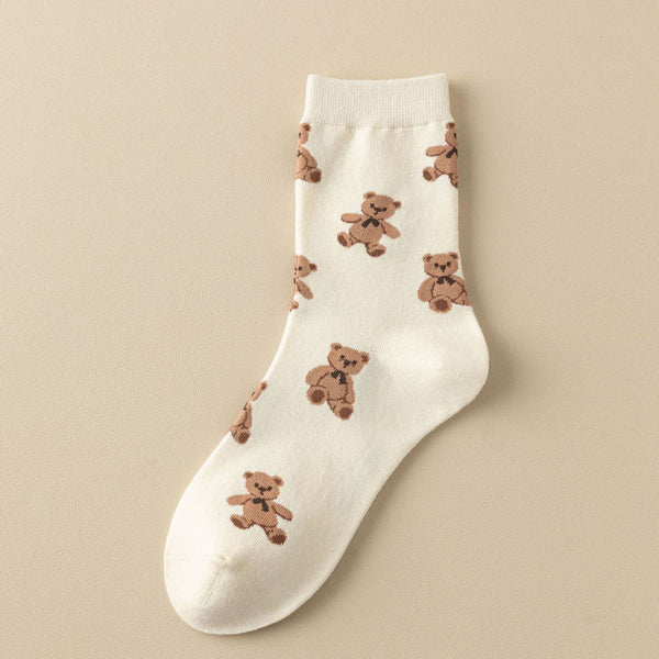 Cute Simple Brown Bear Pattern Crew Socks_CWMS0950: White / (OS) 3