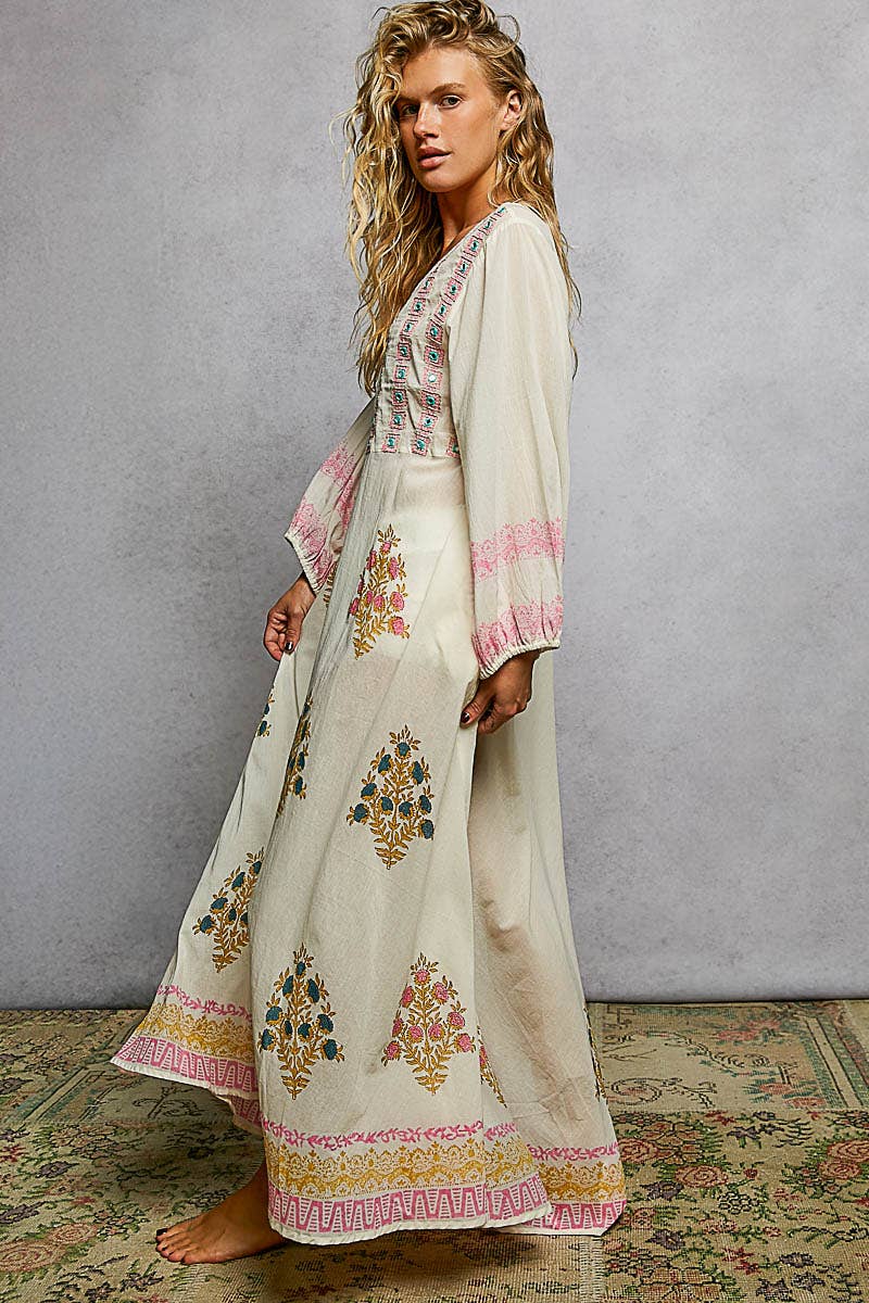 Embroidered Floral Print V-Neck Balloon Sleeve Maxi Dress