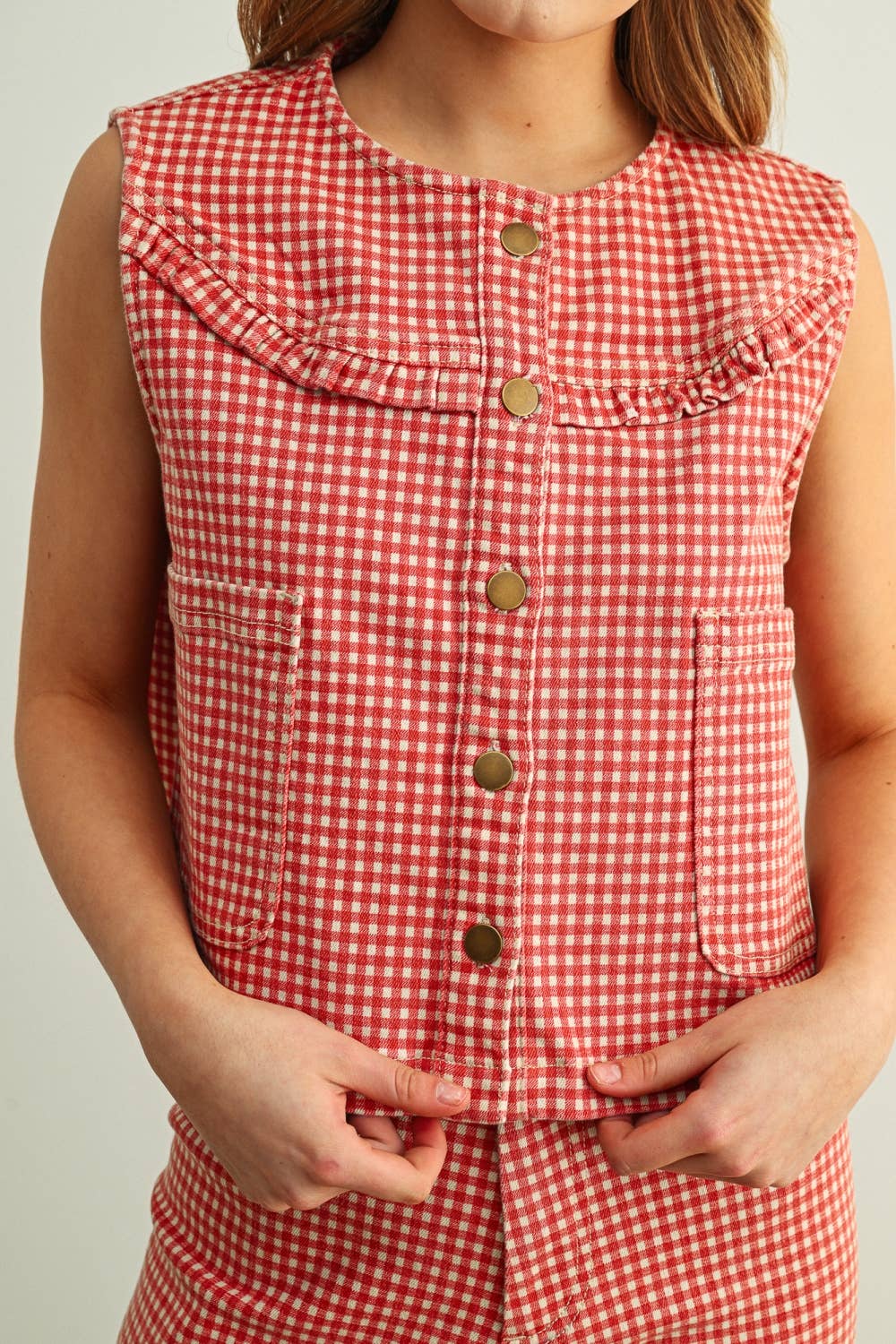 J6362ST GINGHAM PRINTED BUTTON FRONT VEST