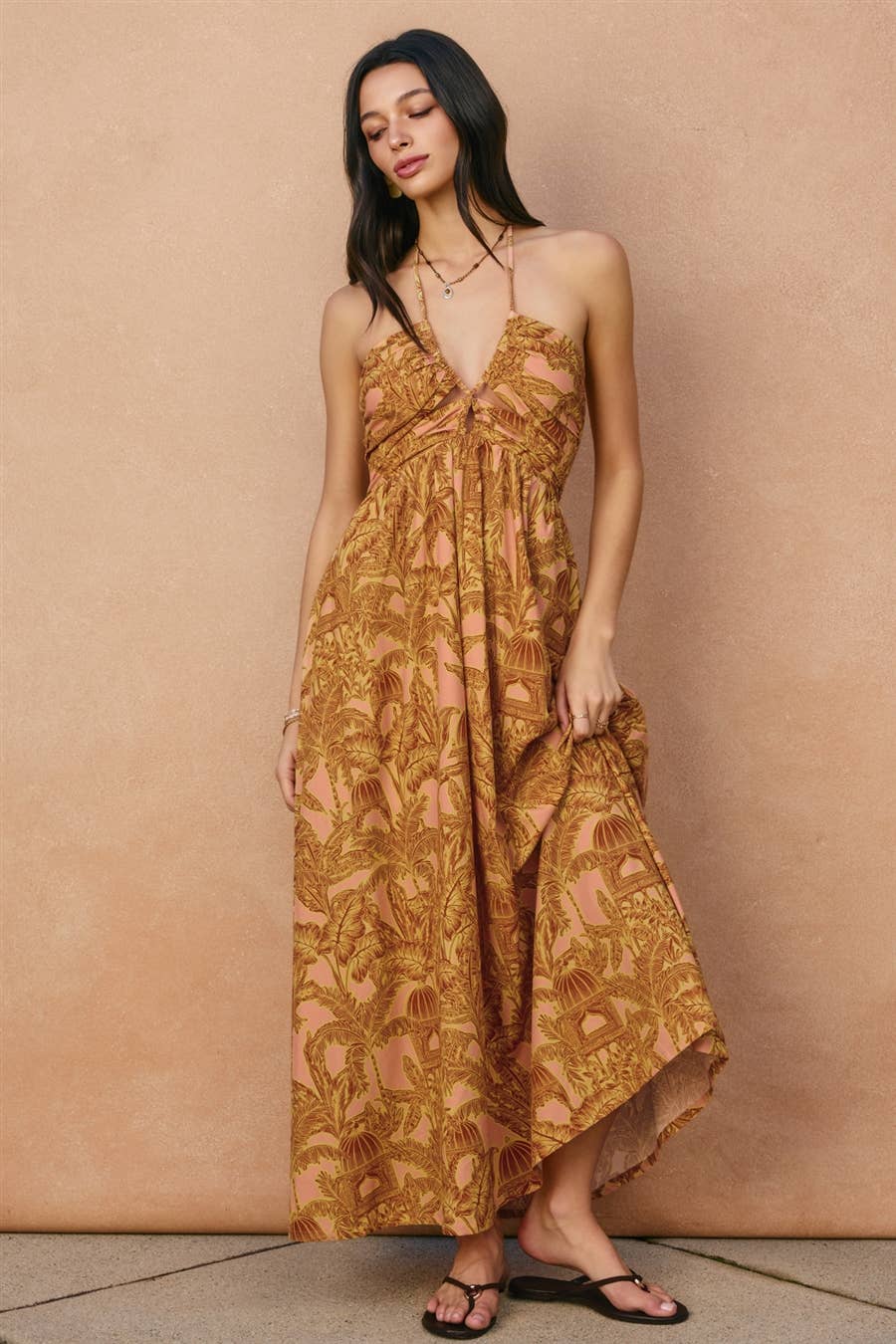 Sunwashed Palm Cut Out Halter Maxi Dress