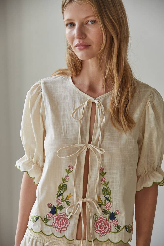 Woven Cotton Embroidered Open Front Tied Top