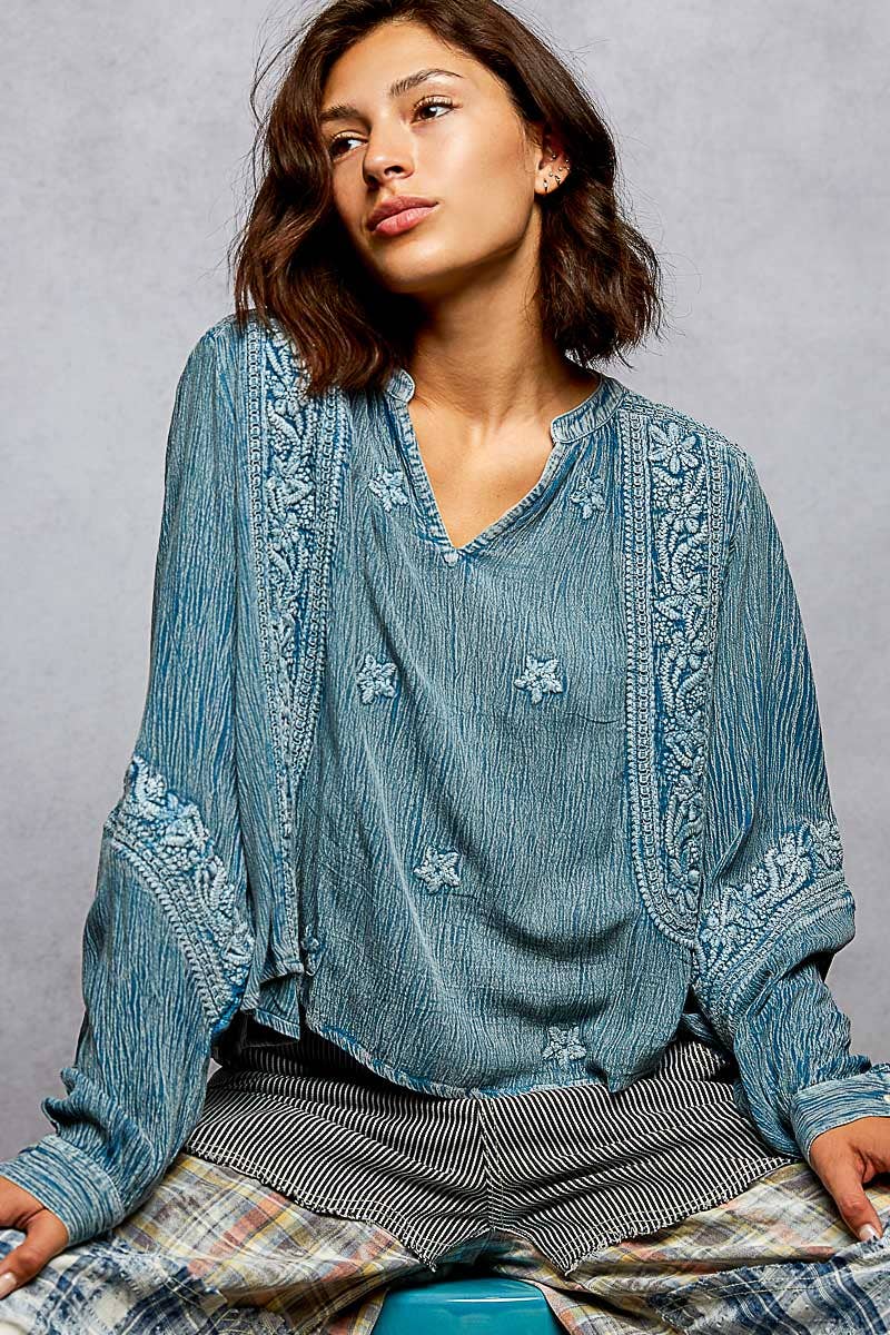 Vanessa V-neck Long Sleeve Floral Embroidered Cotton Woven Top
