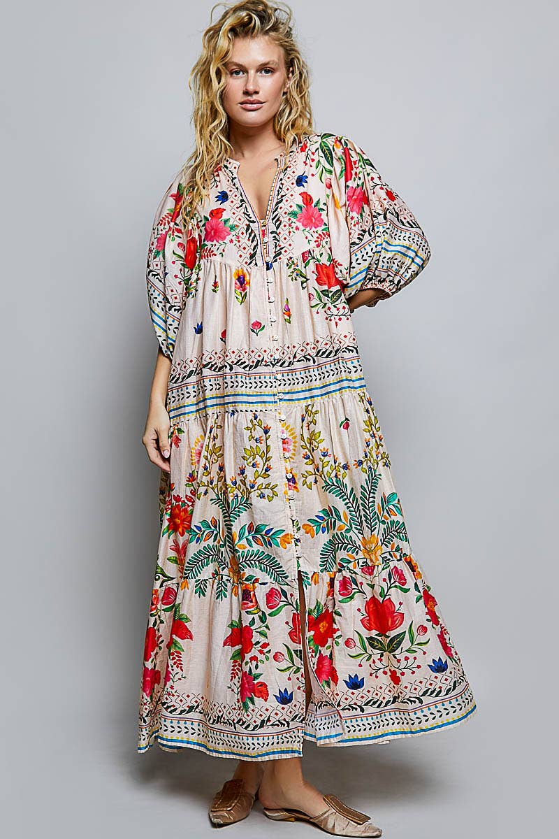 Boho Deep V-Neck Floral Balloon Sleeve Long Dress