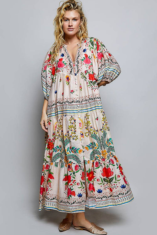 Boho Deep V-Neck Floral Balloon Sleeve Long Dress