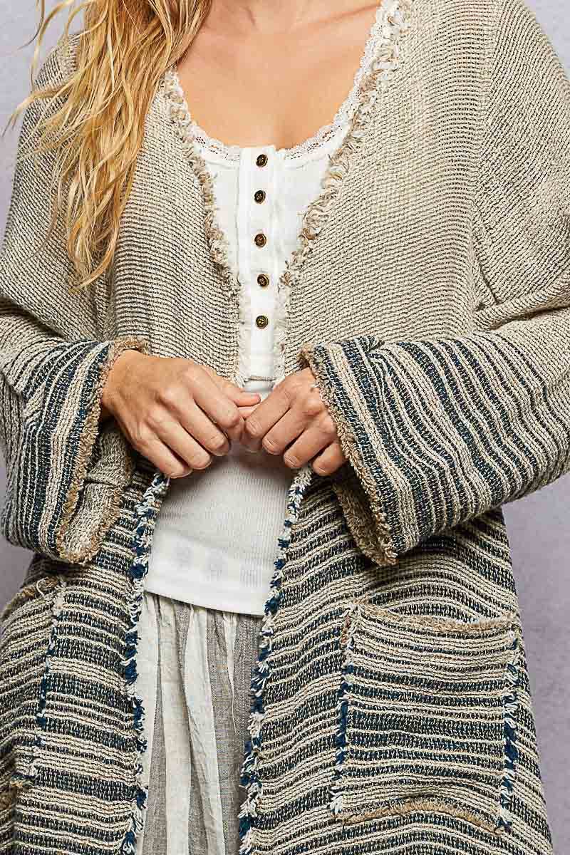 V-Neck Solid Stripe Linen Long Sleeve Cardigan