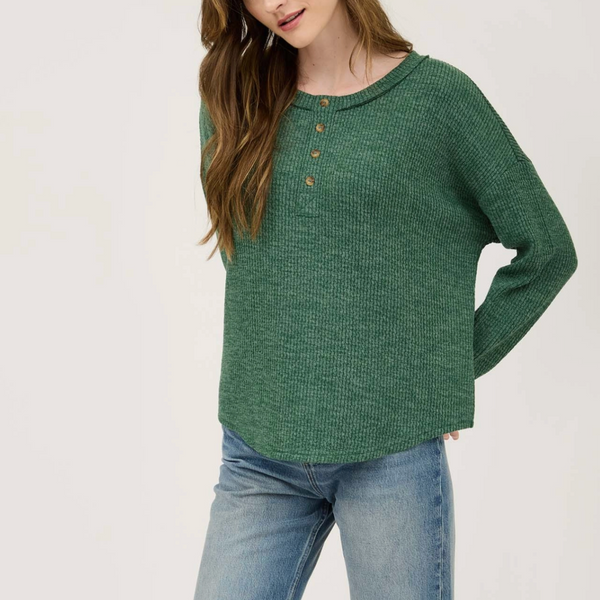 Waffle Knit Henley Long Sleeve Knit Top