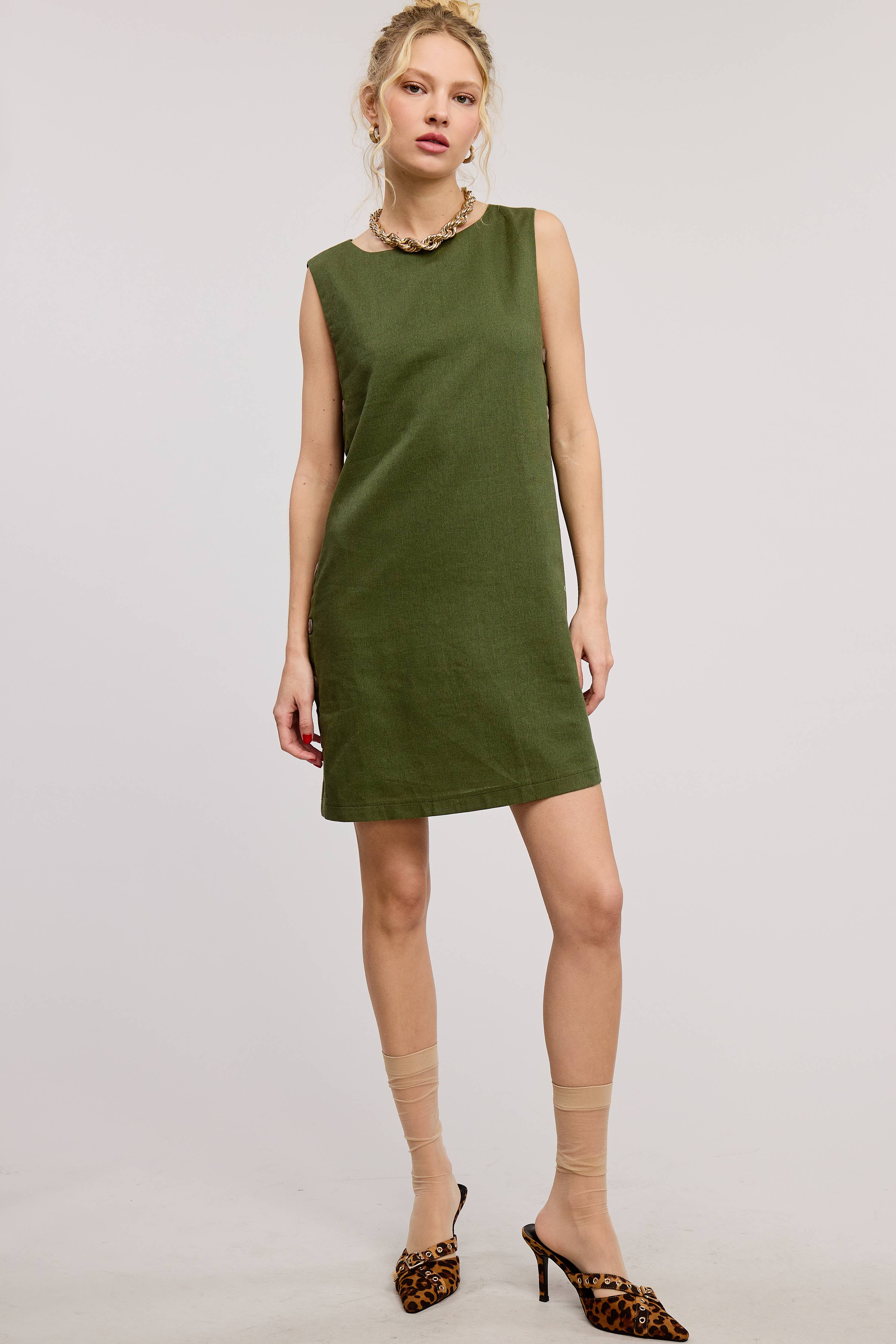 Wooden Side Button Detail Sleeveless Linen Mini Dress