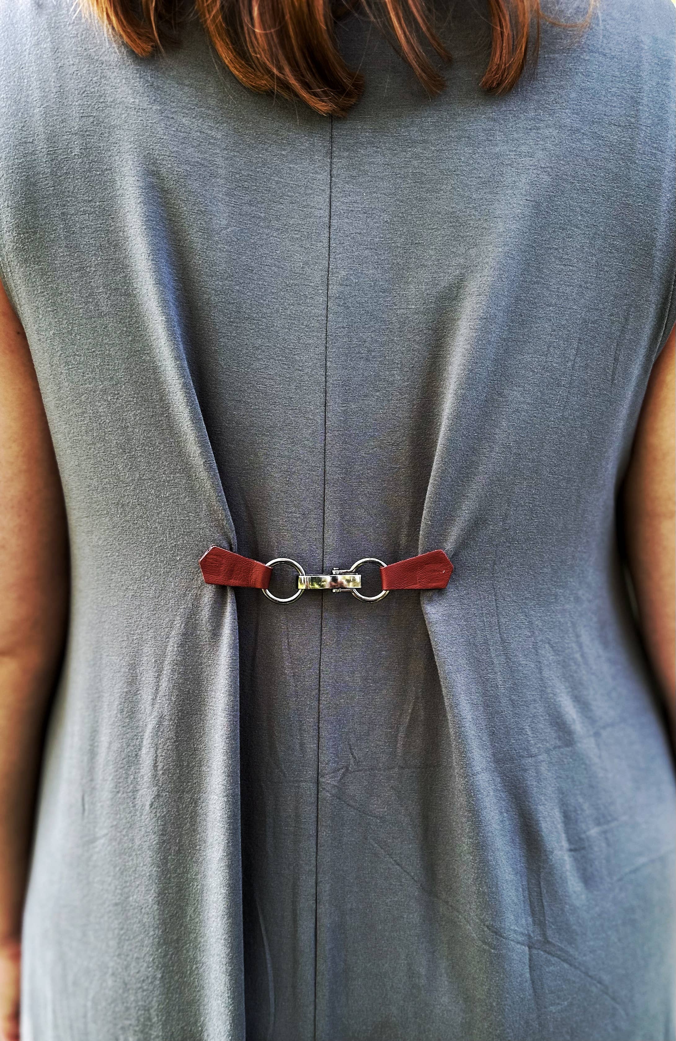 Gunmetal Buckle & Red Leather Cinch Clip for Clothes