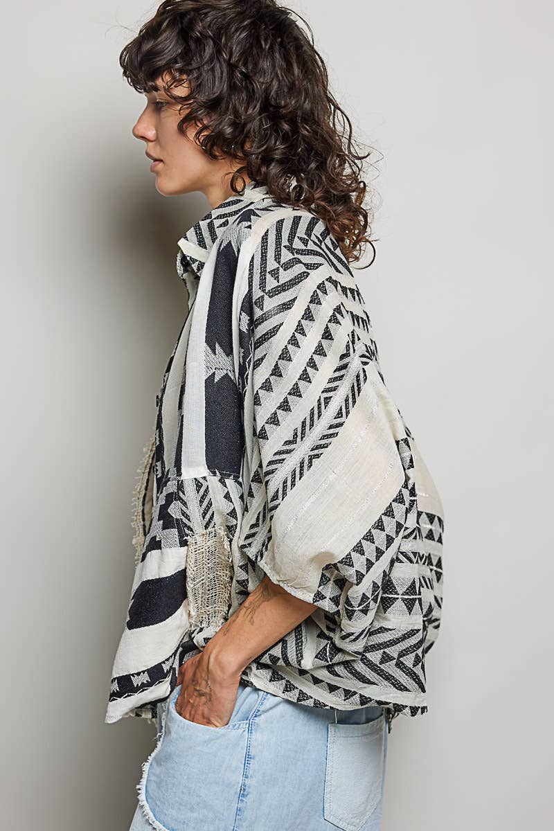 Raw Edge Paneled Oversized Button-Down Shirt