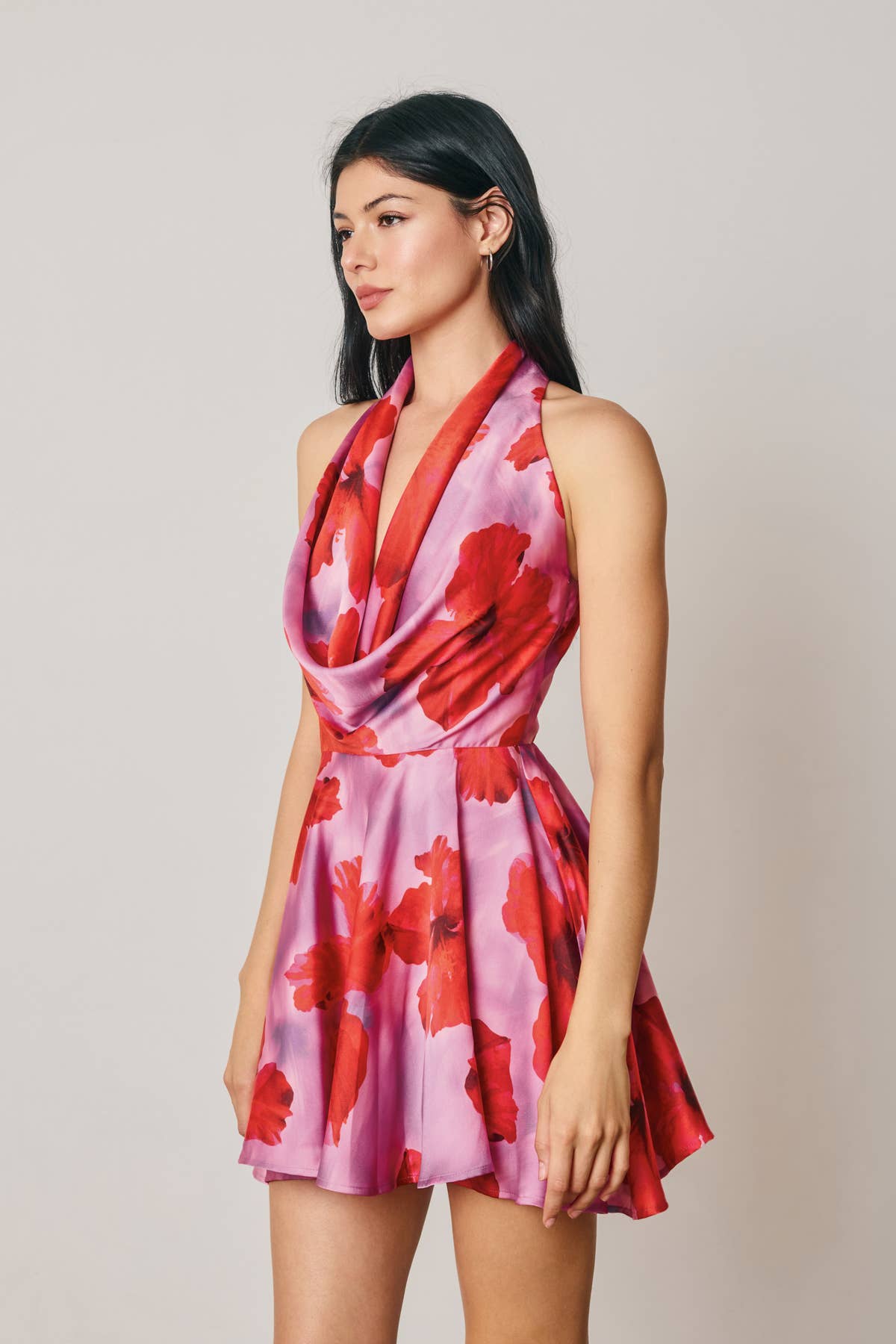 Tropical Floral Draped Halter Neck Mini Dress