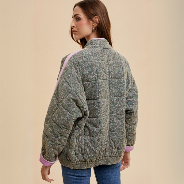 Back view of Quilted Floral Corduroy Puffer Jacket featuring grid quilting and floral print fabric.