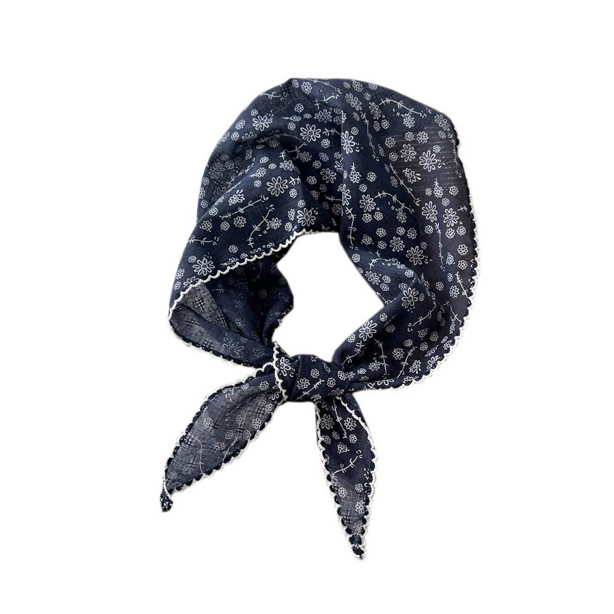 Lace Trim Cotton Linen Floral Triangle Scarf_CWASC0850