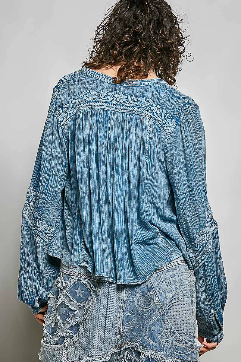 Vanessa V-neck Long Sleeve Floral Embroidered Cotton Woven Top