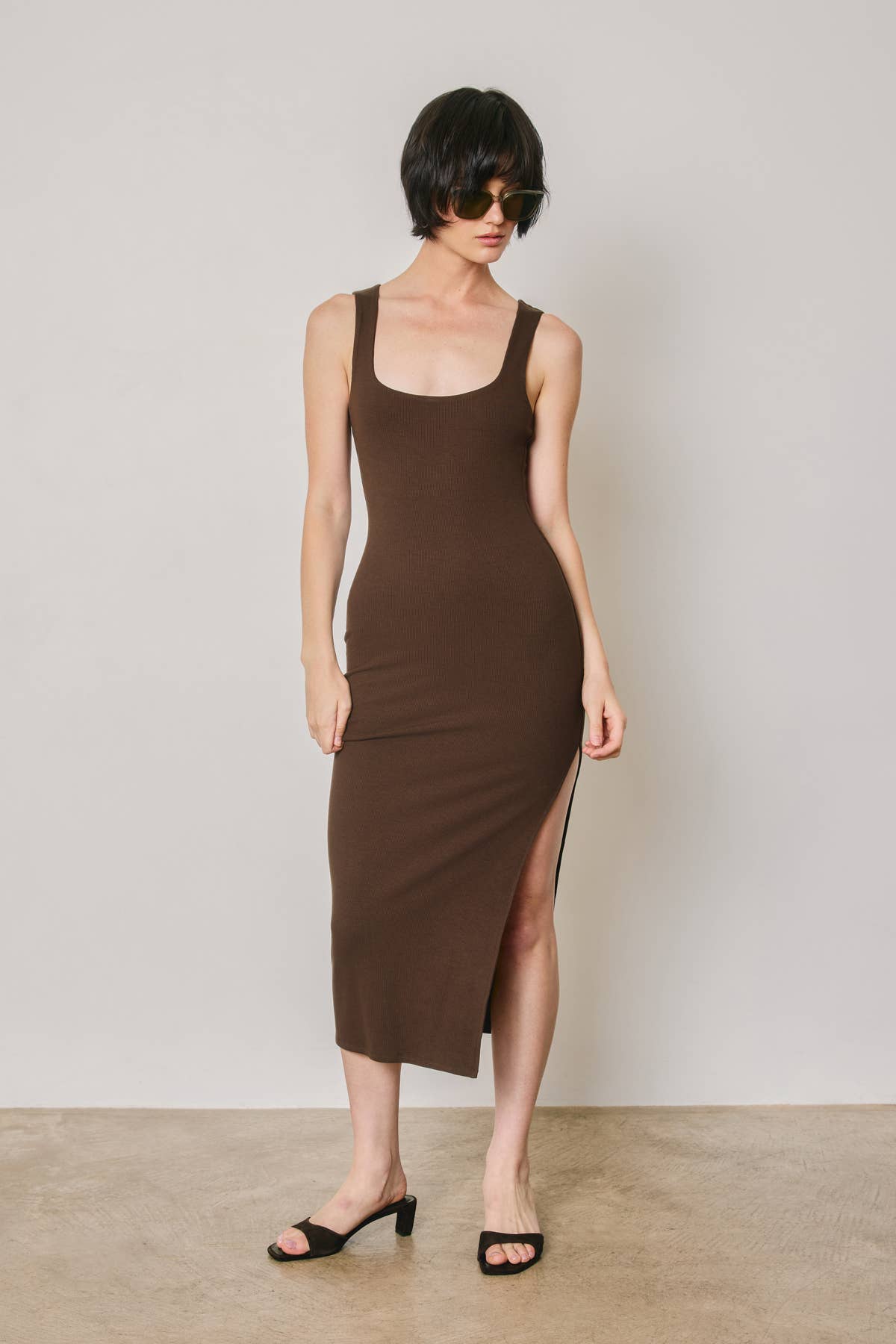 Ribbed Knit Square Neck Bodycon Midi Dress