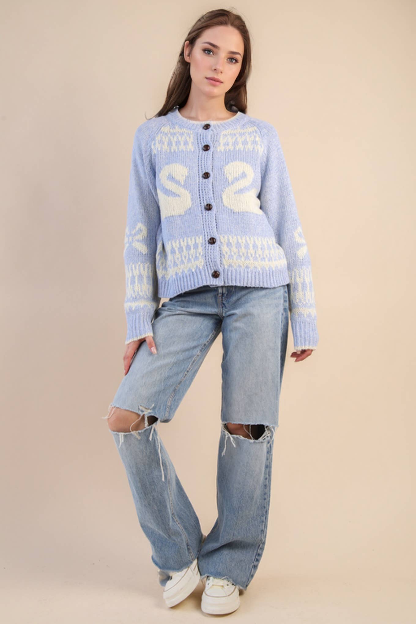 12W3463N-Oversized Graphic Casual Knit Sweater Cardigan