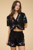 Floral Embroidery Crop Tie Blouse