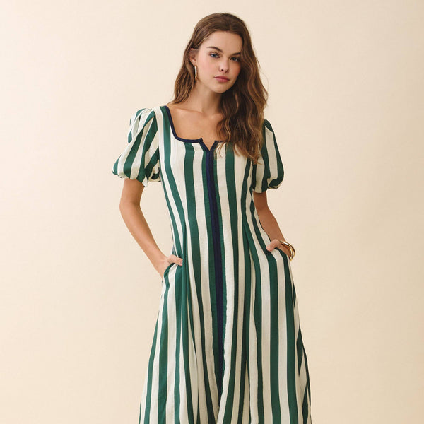 Bold Vertical Stripes Square Neck Midi Dress
