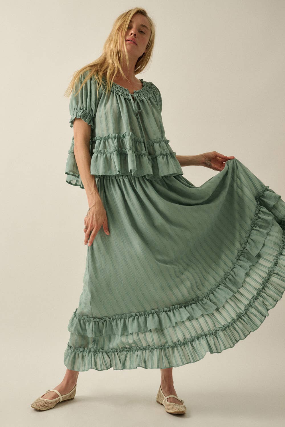 Textured Tonal-Stripe Tiered Ruffle Maxi Skirt