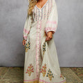 Embroidered Floral Print V-Neck Balloon Sleeve Maxi Dress