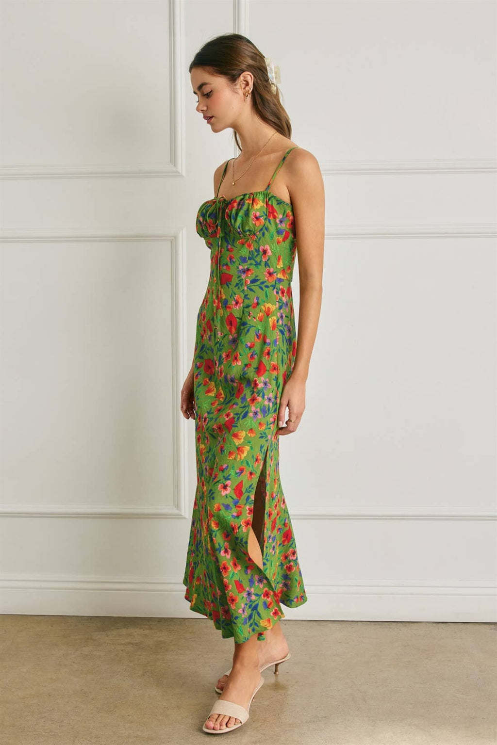 Floral Ruched Bust Slit Dress