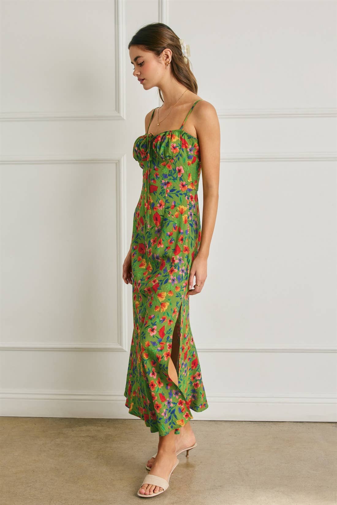 Floral Ruched Bust Slit Dress