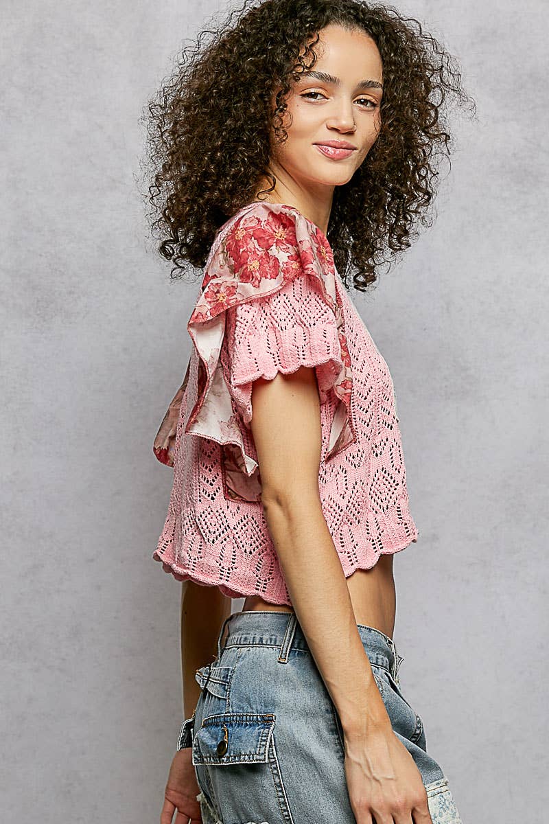 Round Neck Ruffle Embroidered Acrylic Thin Sweater Top