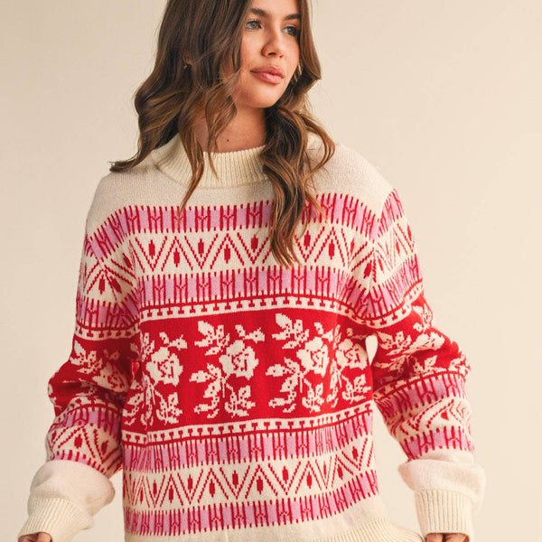 FLORAL KNIT ROUND NECK SWEATER