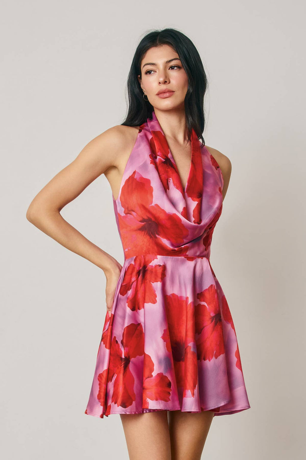 Tropical Floral Draped Halter Neck Mini Dress