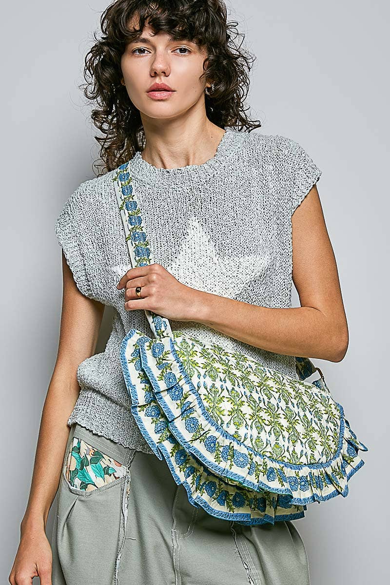 Half Moon Quilted Floral Ruffle Crossbody Bag