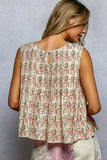 Round Neck Double Gauze Pintuck Floral Sleeveless Top