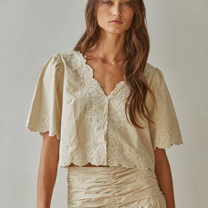 Woven Cotton Floral Embroidered V-Neck Top