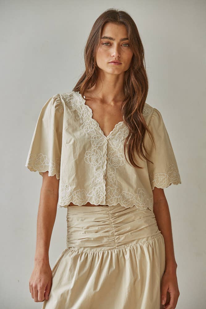 Woven Cotton Floral Embroidered V-Neck Top