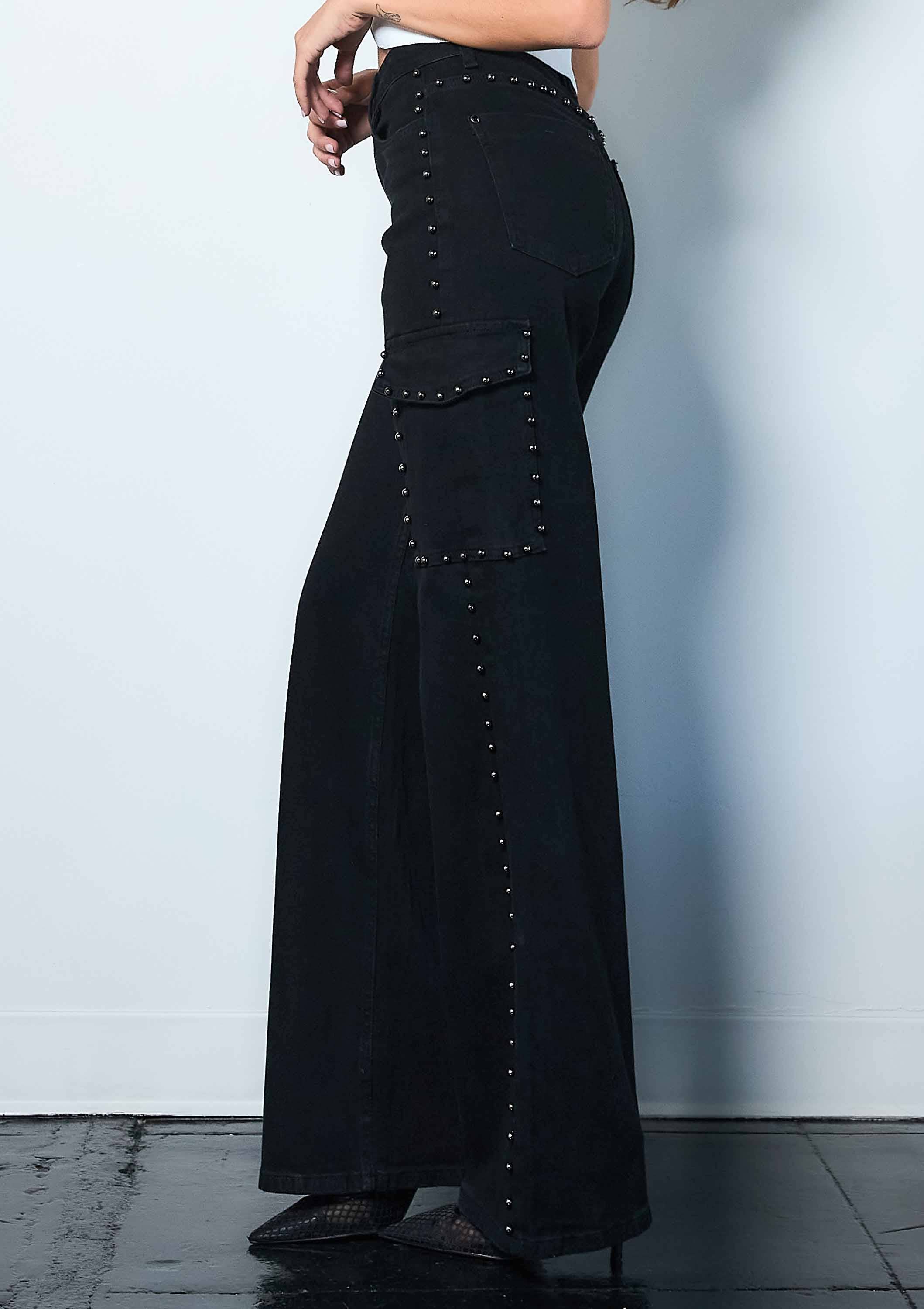 Silver Stud High-Rise Wide Leg Cargo Jeans