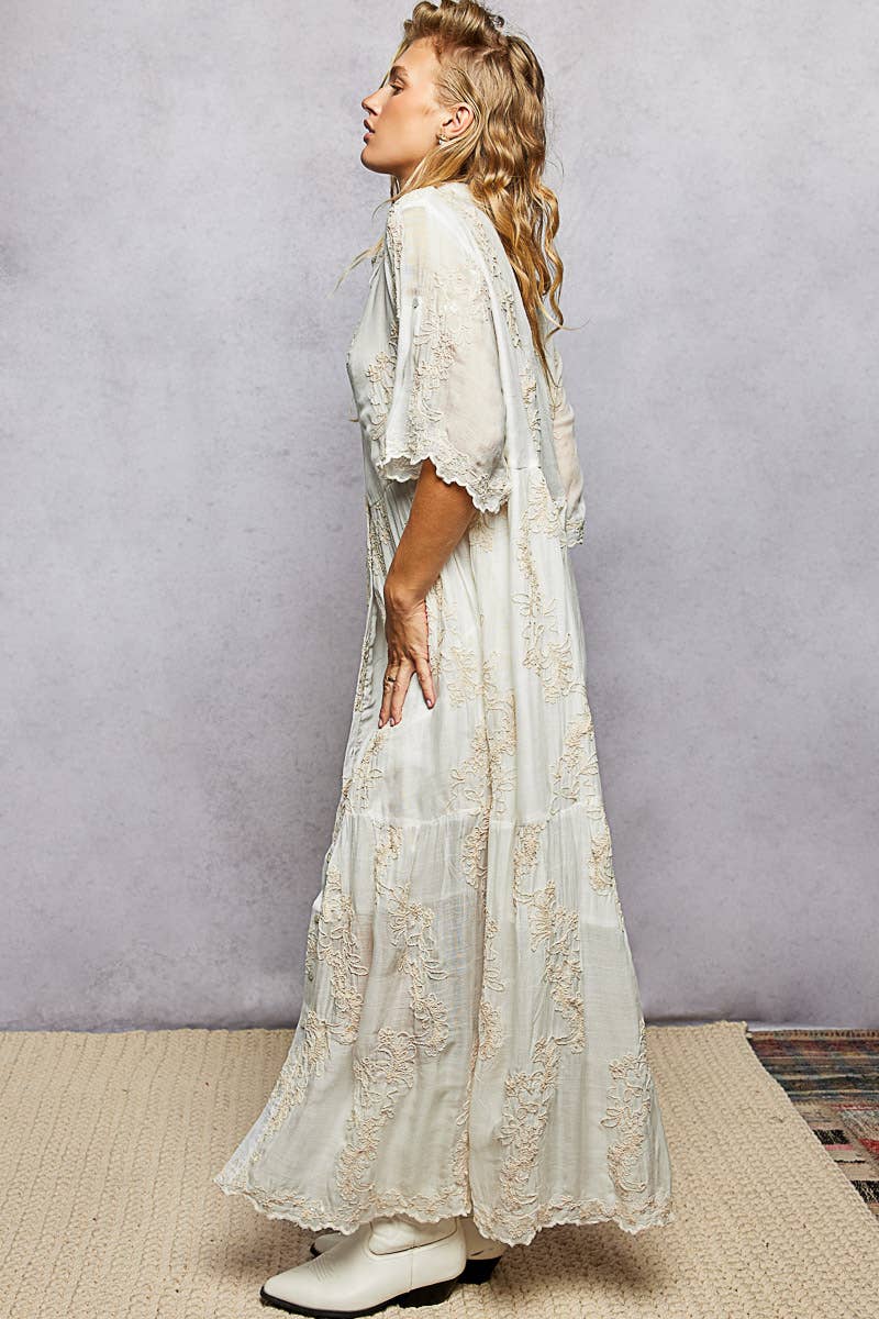 Bridget Embroidered Shirred Ruffle Button-Down Shirt Dress