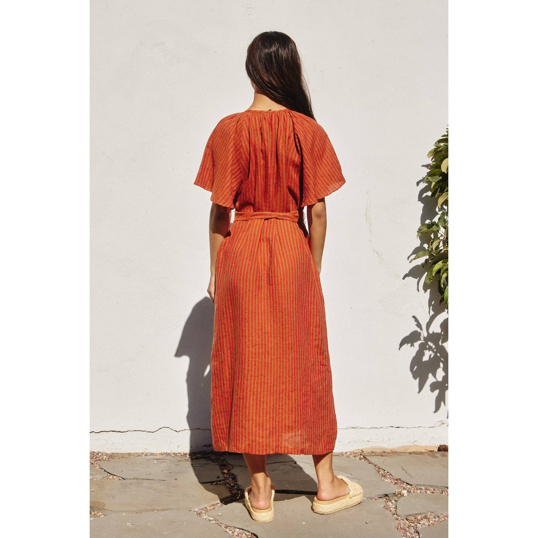 Striped Linen Gathered Neck Button Down Dress