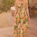 Tropical Landscape-Print Strapless Gathered Maxi Dress
